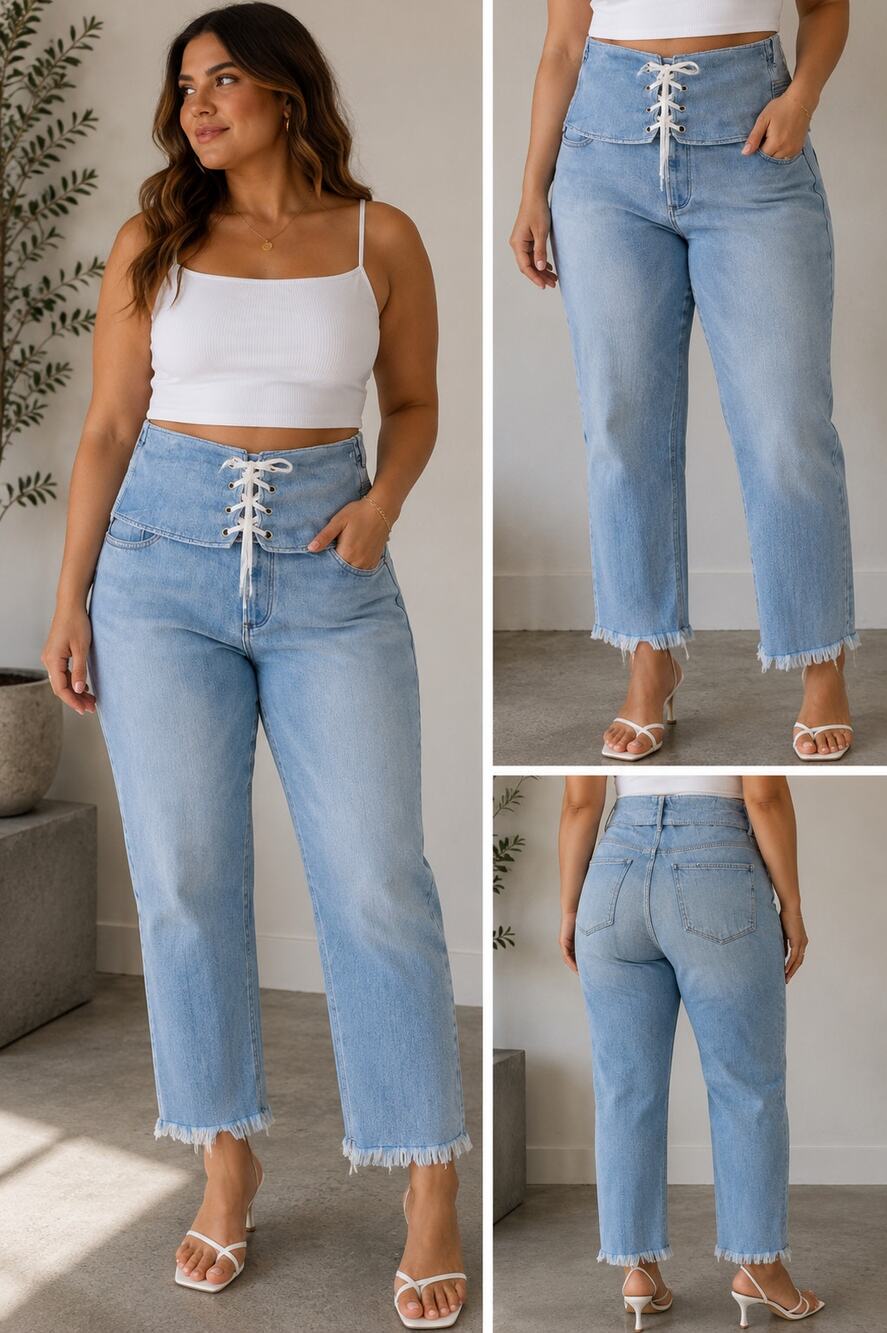 Express Size 16S Corset Waist Lace Up Cropped Jeans Light Wash Raw Hem